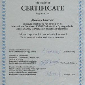 Международный сертификат по революционным методам обработки корневых каналов немецкими инструментами VDW  2009